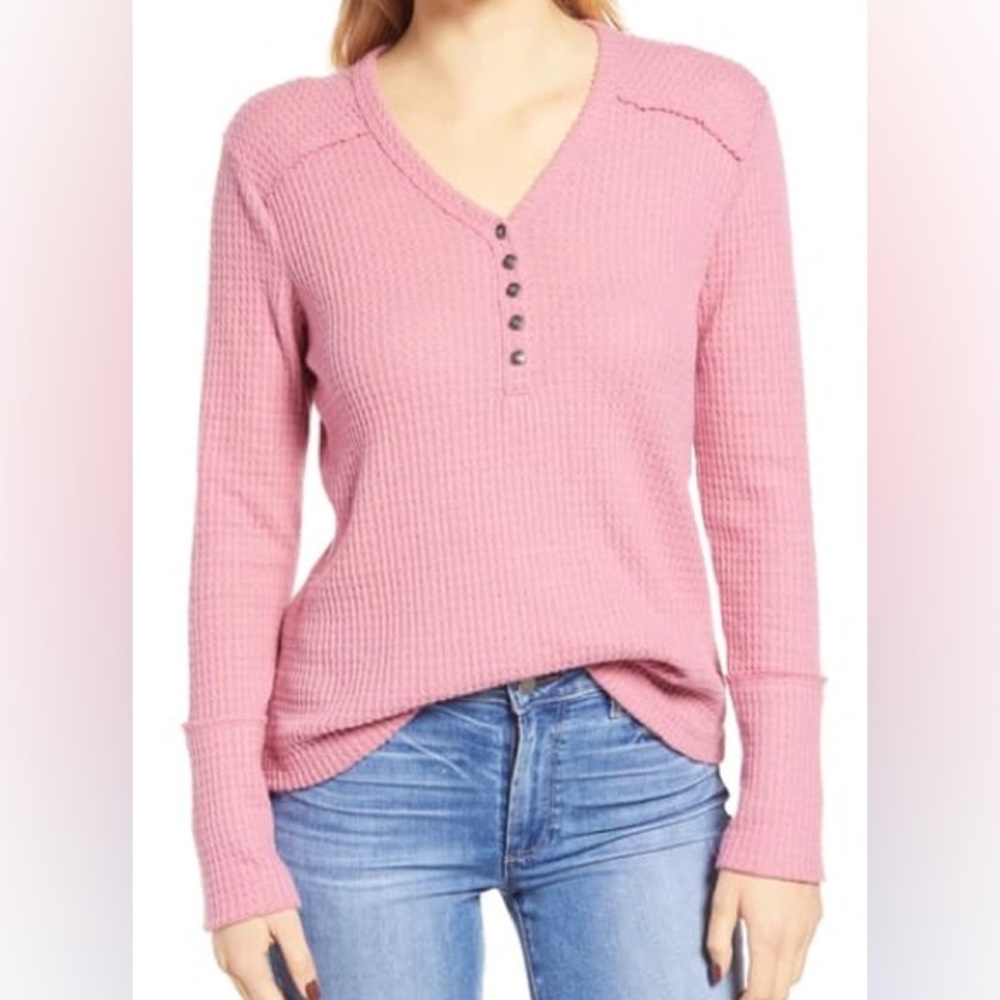 Caslon High Cuff Henley Thermal Long Sleeve Top in Pink Bride - Size Medium